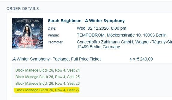 Sarah Brightman A Winter Symphony concert ticket - Berlin 2Dec2026