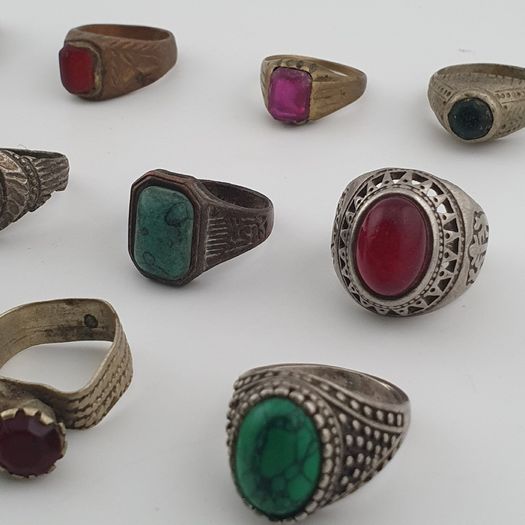Antique Ring Lot 15 Mixed Brass, Stone & Glass Rings