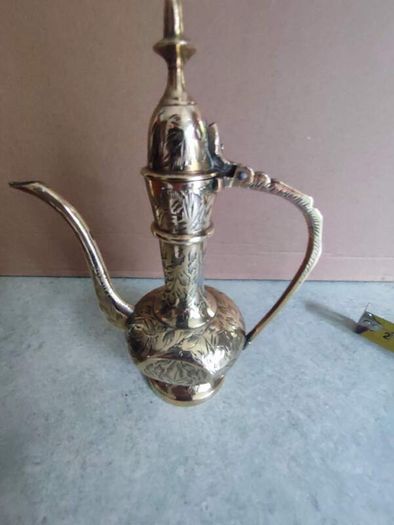 brass ewer, teapot, Indian brass pot engraved with flowers and foliage, vintage from the 1970s