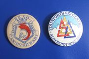 BUTTON BADGES x 2 (1 1/2" diameter) - HMS AJAX 25th anniversary 1955-1980 and Stainforth Ski Centre, Aldershot