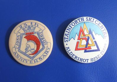 BUTTON BADGES x 2 (1 1/2" diameter) - HMS AJAX 25th anniversary 1955-1980 and Stainforth Ski Centre, Aldershot