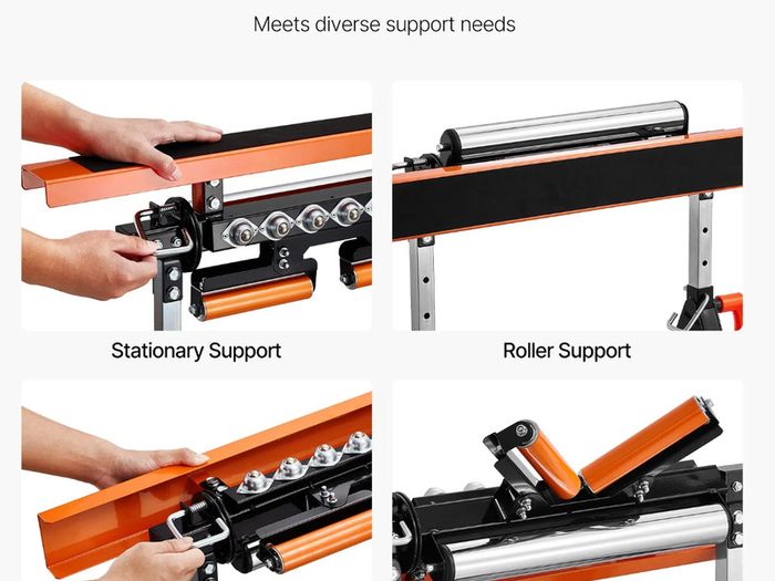 4-in-1 Roller Stand, 200 kg(440 lb) Load Capacity, 84-127 cm(33-50 in) Adjustable Height, Folding Heavy Duty with Rack & Polished Multi-directional Roller Head, for Table Saw Outfeed Woodworking Extension Support