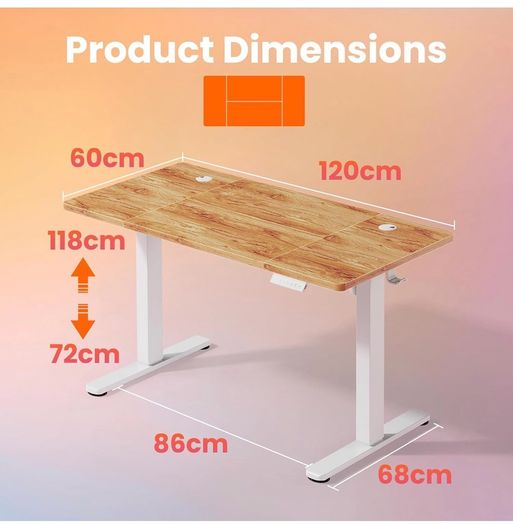 Standing Desk with USB Charging Port, 120 x 60 cm, 4 Preset Height Settings