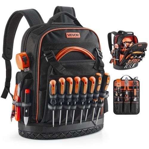 Tool Backpack, 64 Pockets, Heavy-duty Tools Storage Organizer Work Bags with Laptop Compartment & Molded Base, Electrician Jobsite Backpack for Electrician, Repairman, and HVAC Techs
