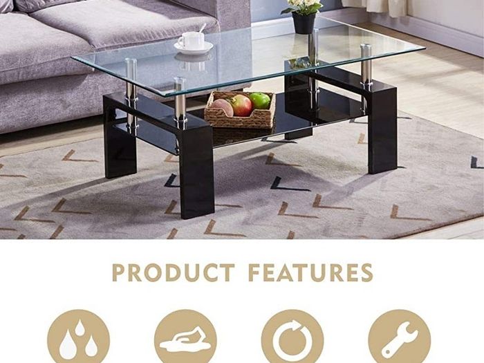 Rectangle Glass Coffee Tables High Gloss Storage Side Table with Lower Shelf Modern Living Room Furniture/Black (FREE POSTAGE)