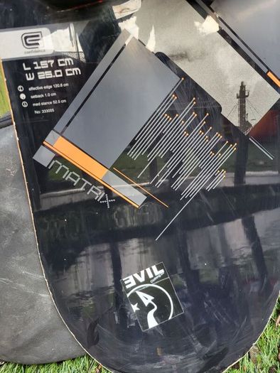 snowboard, bindings and bag