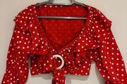 Red Polka Dot Cropped Tie-Front Top with Ruffle Detail