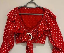 Red Polka Dot Cropped Tie-Front Top with Ruffle Detail