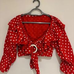 Red Polka Dot Cropped Tie-Front Top with Ruffle Detail