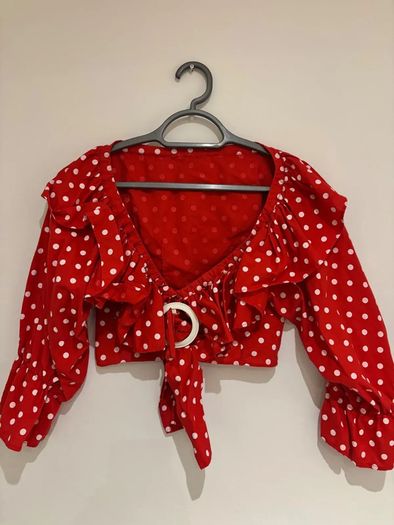Red Polka Dot Cropped Tie-Front Top with Ruffle Detail