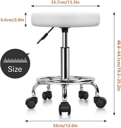 PU Leather Round Rolling Stool with Foot Rest Swivel Height Adjustment Spa Drafting Salon Tattoo Work Office Massage Stools Task Chair Small