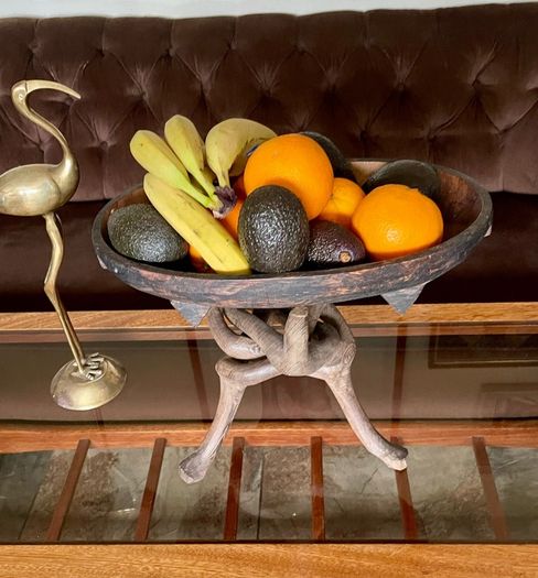 Unique Vintage Wooden African Tribal Art Decor Hand made bowl on Tripod folding Stand