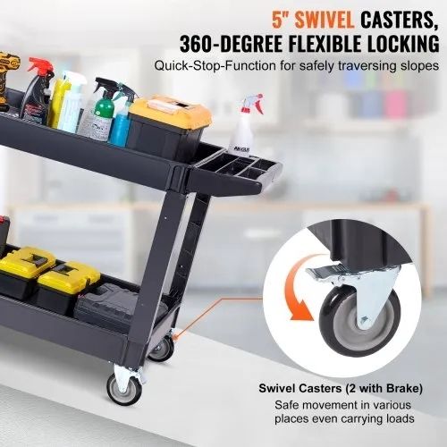 Utility Service Cart, 2 Shelf 249.5 kg Heavy Duty Plastic Rolling Utility Cart with 360 Swivel Wheels (2 with Brakes), Large Lipped Shelf, Ergonomic Storage Handle for Warehouse/Garage/Cleaning