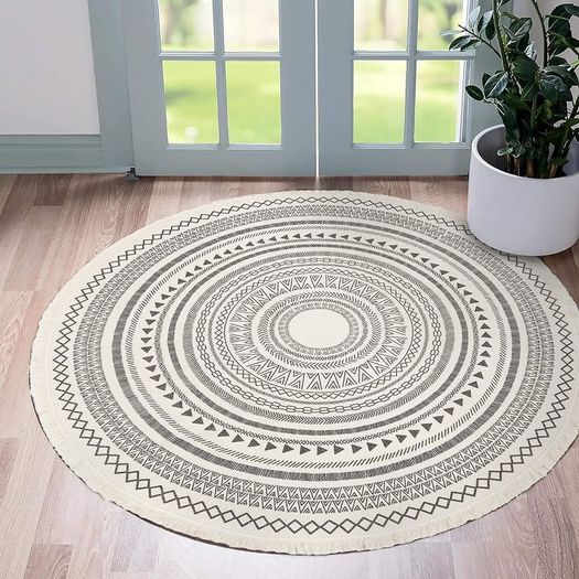 Round Rug Bohemian 4ft Circle Area Rug Cotton Rugs with Geometric Pattern Printed Hand Woven Circle Carpet with Tassels Indoor Floor Mat for Home Kitchen Living Room Bedroom