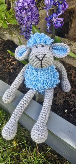 Handmade Crochet Lamb Plushie - Blue & Grey, 30cm