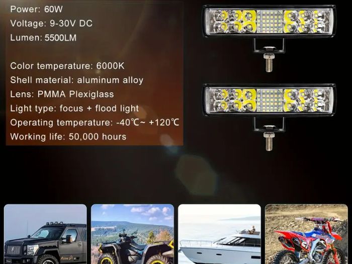 2pcs 17.78 cm LED Light Bar 60W 5500LM 6500K White Lighting Off Road Driving Auxiliary LED
