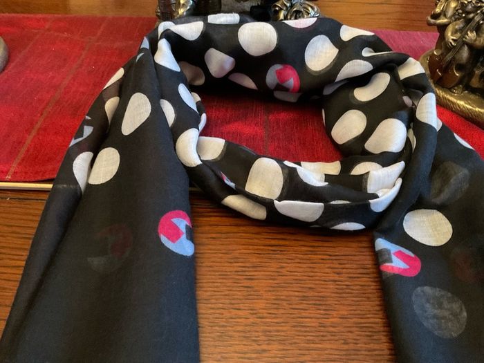 Samoon. FURTHER REDUCED.   Scarf In Black With White Polka Dots And A Littlle  Blue and Pink Also , With Decorative Pearls At The End