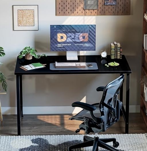 Small Home Office Desk Study Writing Kid Table for Small Spaces, Simple PC Gaming Desk, Adjustable Feet, Black