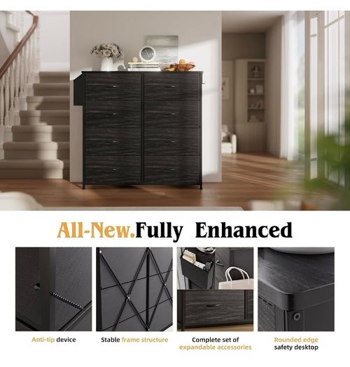 Fabric Chest of Drawers - Canvas Storage Unit with 8 Large Drawers Label Cards, Side Pocket & Hook for Living Room, Hallway, Bedroom