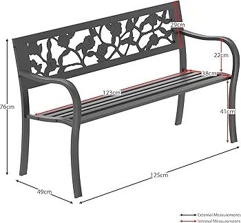 Steel Garden Bench, Rose Design 3 Seater Outdoor Furniture Seating Park Patio Seat