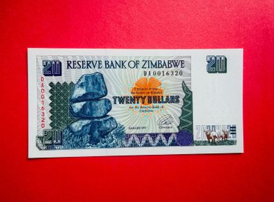 Zimbabwe  20  Dollars  1997  Verified Under Uv Light.  ( Uncirculated )
