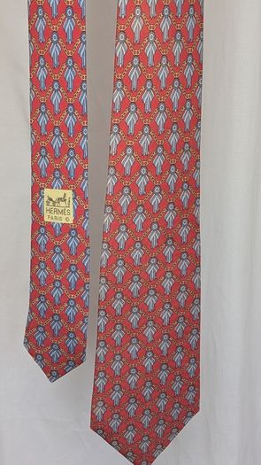 Hermes Paris Silk Tie Red Blue Chain Print Made In France Luxury Designer