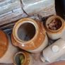 Collection of Eight Antique Stoneware Jars including Two Antique Hot Water Bottles Image 3