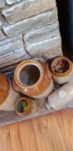 Collection of Eight Antique Stoneware Jars including Two Antique Hot Water Bottles