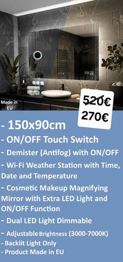 LED Bathroom Mirror 150x90cm Antifog Makeup Vanity Cosmetic Baclit Touch Switch