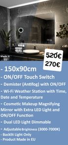 LED Bathroom Mirror Demister Wi-Fi Dual LED 150x90