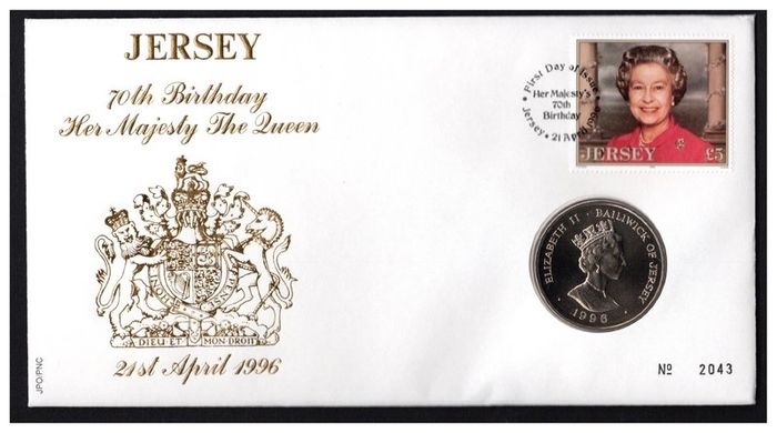 1996 Jersey 70th Birthday her Majesty The Queen PNC (Philatelic Numismatic Cover). Jersey UK2 Crown Coin
