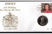 1996 Jersey 70th Birthday her Majesty The Queen PNC (Philatelic Numismatic Cover). Jersey UK2 Crown Coin