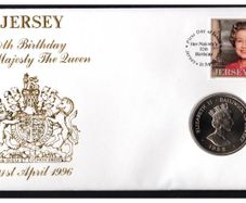 1996 Jersey 70th Birthday her Majesty The Queen PNC (Philatelic Numismatic Cover). Jersey UK2 Crown Coin