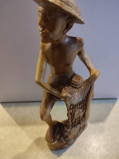 VINTAGE Fisherman with fish / Handmade wooden statue / Indonesian wood