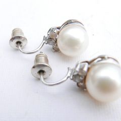 Vintage 14k Solid White Gold Round Bead Cultured Pearl Diamond Earrings 3,37g