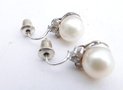 Vintage 14k Solid White Gold Round Bead Cultured Pearl Diamond Earrings 3,37g