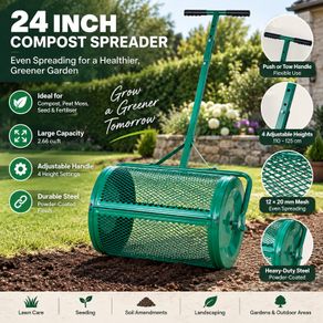 24 Inch Compost Spreader  Heavy-Duty Steel Peat Moss & Lawn Roller with Adjustable Handle