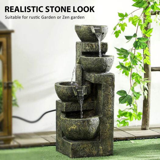4 Tier Garden Water Fountain with Stone Look Bowls and Adjustable Flow