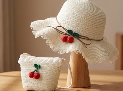 Girls Summer Straw Hat & Matching Bag Set