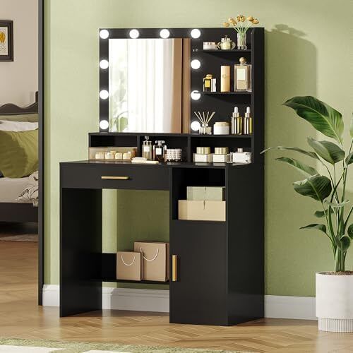 Dressing Table with Mirror and 10 LED Lights, Vanity Unit with 3 Shelves & 4 Open Compartments