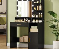 Dressing Table with Mirror and 10 LED Lights, Vanity Unit with 3 Shelves & 4 Open Compartments