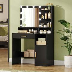 Dressing Table with Mirror and 10 LED Lights, Vanity Unit with 3 Shelves & 4 Open Compartments