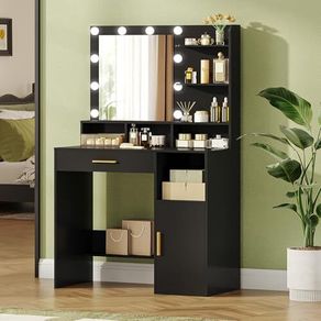 Dressing Table with Mirror and 10 LED Lights, Vanity Unit with 3 Shelves & 4 Open Compartments