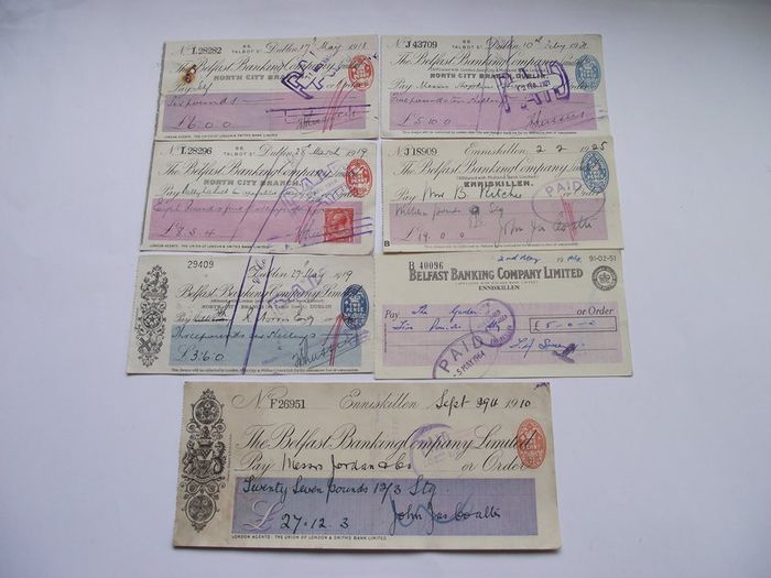 A Collection of 7 Vintage Cheques from Belfast Banking Company Ltd (1910-1951)