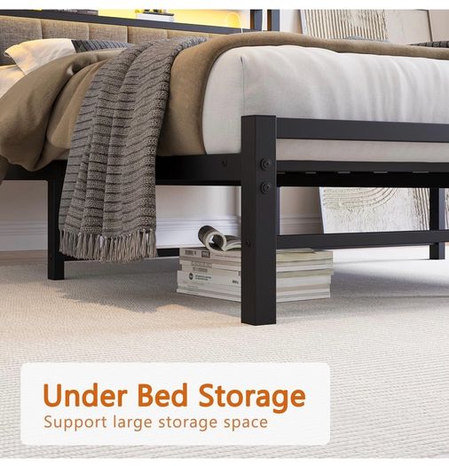 Double Bed Frame with Storage and LED Lights,4ft6 Metal Platform Bed Frame Double Size Bed Base with Charging Station,Mattress Base,Strong Slats Support,Under-bed Storage,Noise Free,Grey