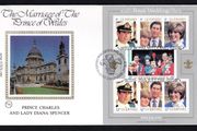 1981 Guernsey Wedding Prince Charles &amp; Lady Diana Spencer Miniature Sheet Commemorative Stamps Benham Silk First Day Cover (FDC)