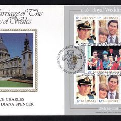 1981 Guernsey Wedding Prince Charles & Lady Diana Spencer Miniature Sheet Commemorative Stamps Benham Silk First Day Cover (FDC)