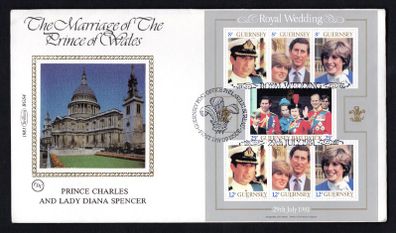 1981 Guernsey Wedding Prince Charles & Lady Diana Spencer Miniature Sheet Commemorative Stamps Benham Silk First Day Cover (FDC)