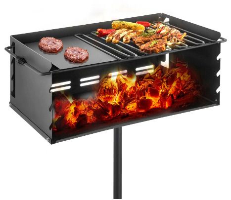 25x17 Inch Charcoal Grill Heavy Duty BBQ Single Post w/ Cooking Grate Adjustable Park-Style Camping Outdoor