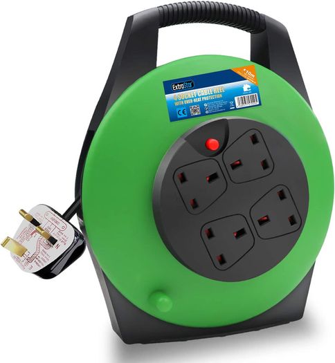 ExtraStar 13A Electrical Extension Reel, 4 Sockets Cable Reel with Winding Handle 1100W/3120W Thermal Cut Out, Heavy-Duty 10M Extension Lead - Green